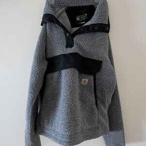 Carhartt Sherpa Fleece Pullover Gray Black Snap Kangaroo Pocket Women’s S OJ4991